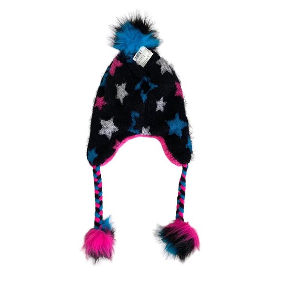 Justice Girl’s Letter A One Size Pom Pom Hat Sherpa Lined Stars Black Blue Pink - Picture 3 of 5